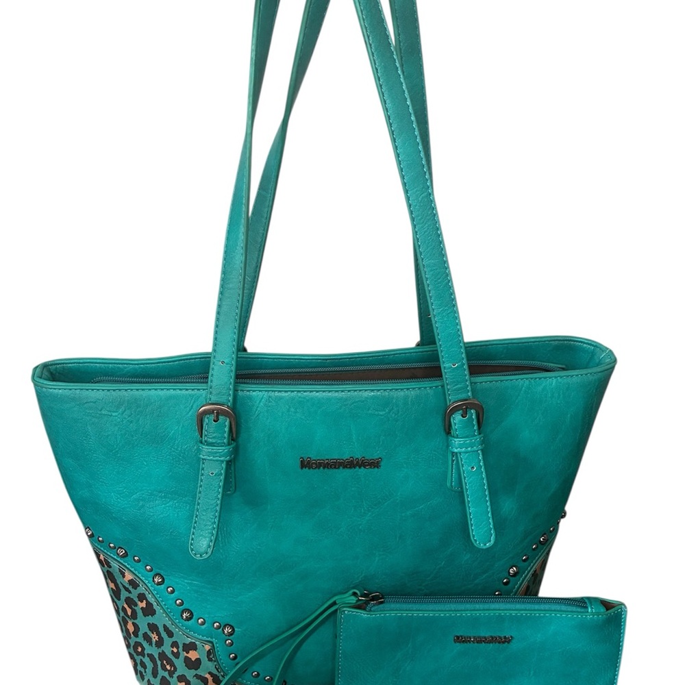 Montana West Turquoise Tote with Leopard Accent with concealed carry pocket